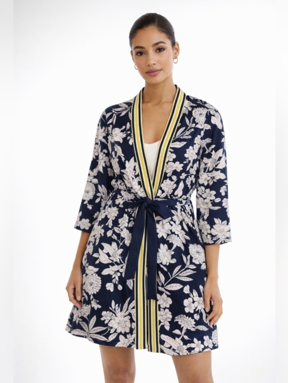 Susan Graver Navy and White Floral Tie-Waist Kimono Robe with Yellow Trim Medium